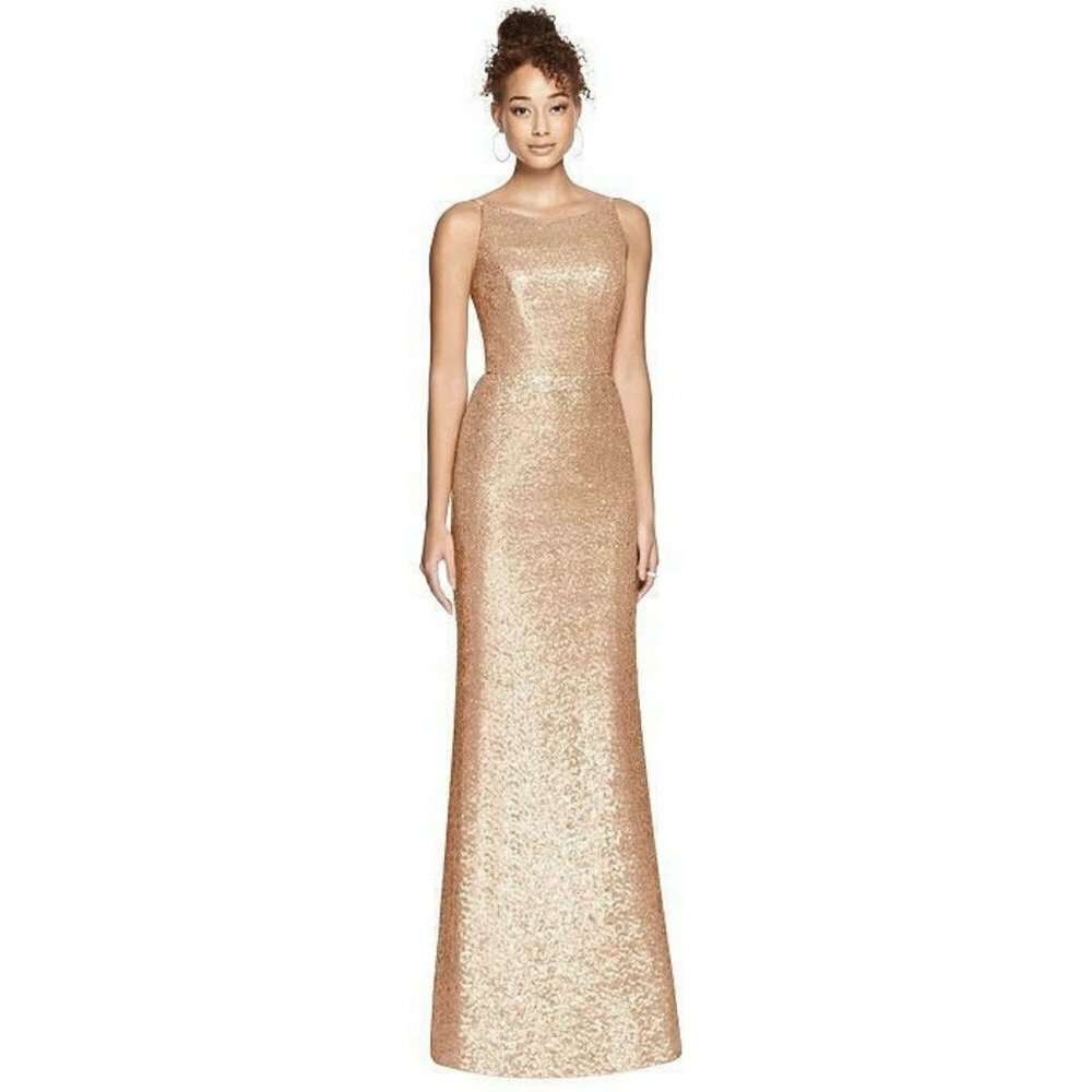 Dessy Collection Long Sequined Bridesmaid Dress‎ in Copper Rose sz 0